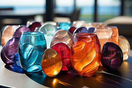 桌子上的彩色玻璃工艺品图片