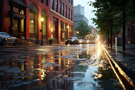 夜幕下潮湿的城市街道图片