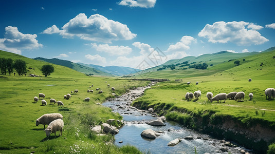 草地上的石头广阔草地上的羊群背景