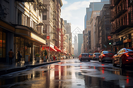 雨后潮湿的城市商业街图片