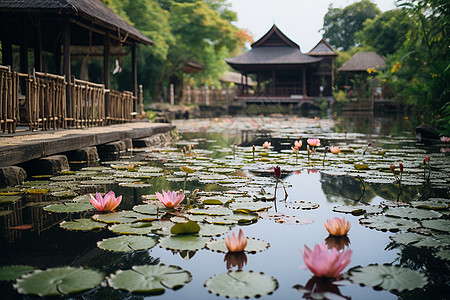 木质凉亭凉亭公园中美丽的荷塘背景