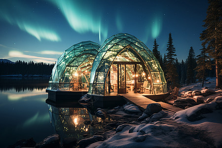 冰湖上的玻璃小屋图片