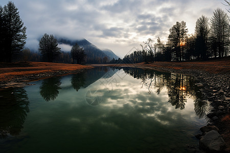 冬季森林湖泊的美丽景观图片