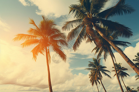 椰子树海滩隐入云层的椰子树背景