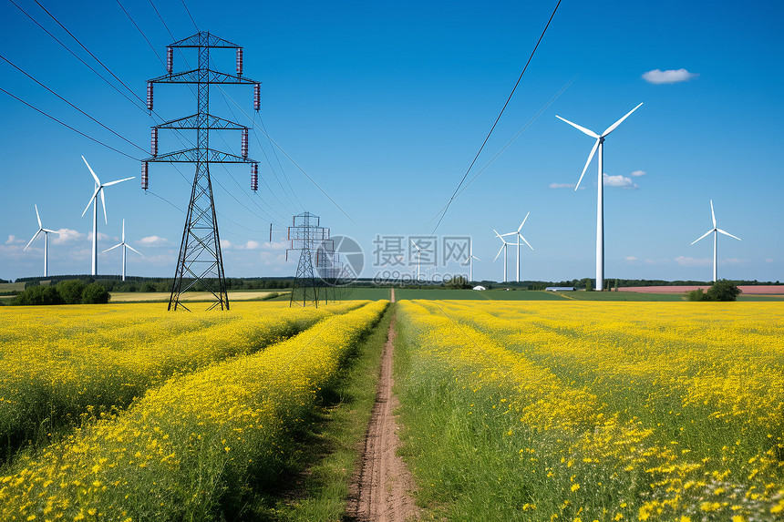 田野中的电力塔和风力发电机图片