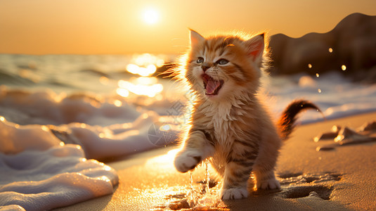 太阳光下沙滩上的小猫图片