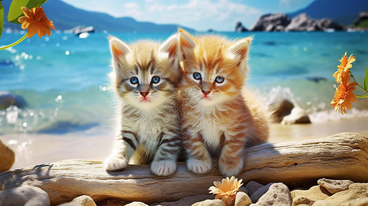 两只小猫在沙滩上玩耍高清图片