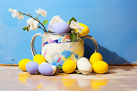 桌子上的彩蛋和鲜花图片