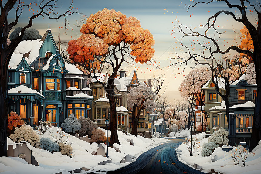 小镇的雪景绘画图片