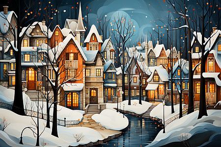 小镇的雪夜风景图片