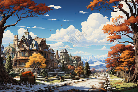 秋天郊区的房屋插画图片