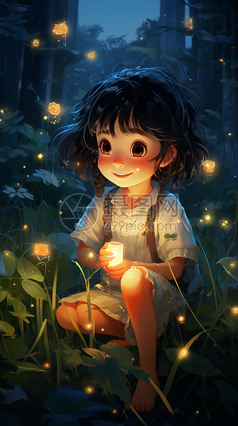 森林中的小女孩和萤火虫图片