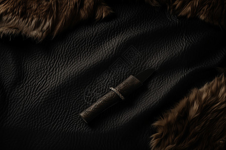 复古表黑色真皮表面上有一件棕色皮草夹克和一支钢笔。背景