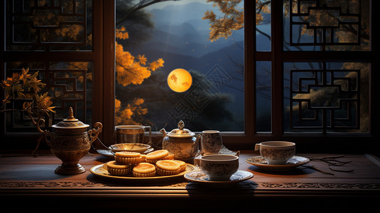 夜晚桌子上的月饼和茶背景