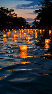 月光湖面河流里的河灯背景