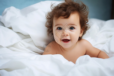 宝宝在床上微笑图片