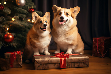 可爱的柯基与圣诞树图片