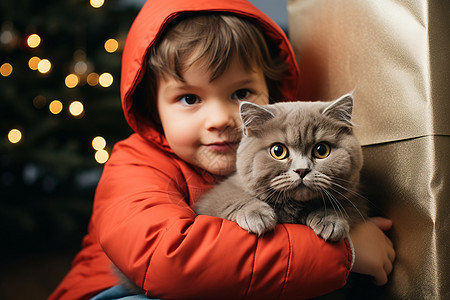 圣诞树前的男孩猫咪高清图片