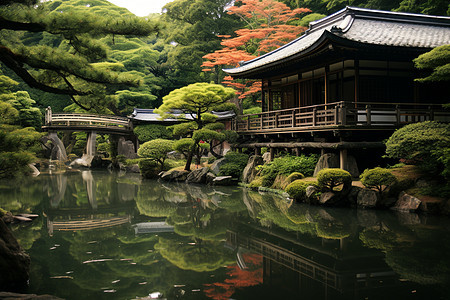 寺庙与池塘图片