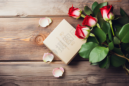 一束玫瑰与书籍摆放在木桌上图片
