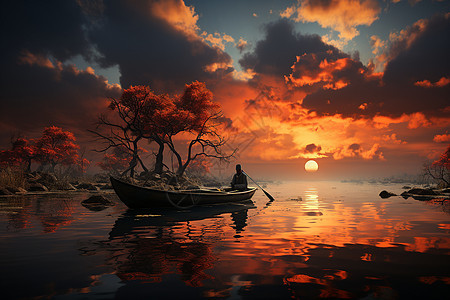夕阳时河流中划船的渔夫图片