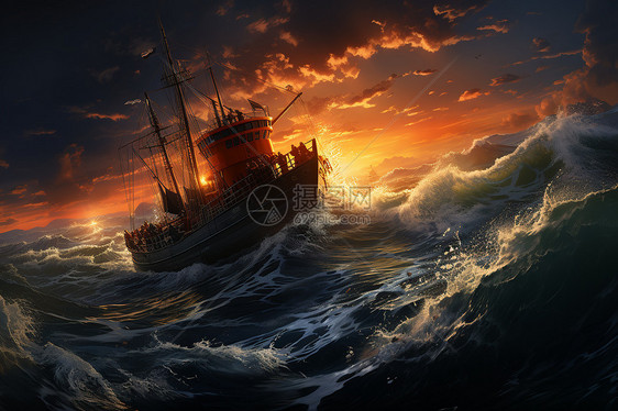 渔船在海上迎风而行图片