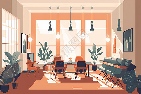 会议室环境室内绿植装饰的会议室插画