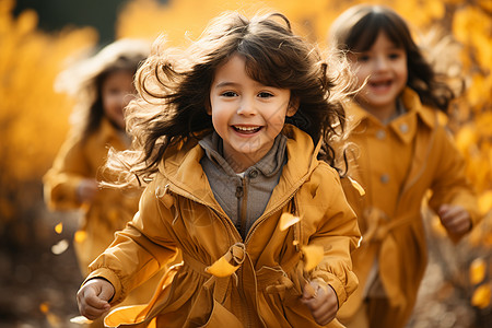 三个小女孩在秋天公园奔跑图片