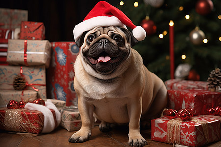 圣诞礼物旁可爱的巴哥犬图片