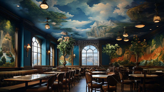 手绘墙壁古典欧式餐厅图片