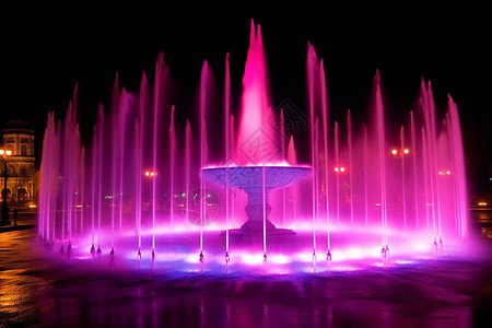 夜晚粉色的喷泉图片