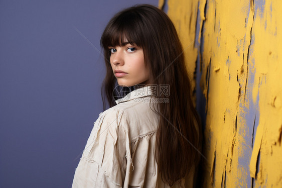 在褪色的黄墙旁站立着一位少女图片