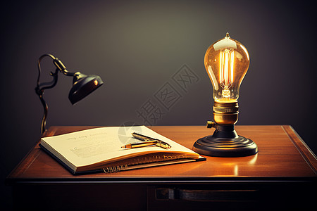 木桌上的灯具和书本背景图片