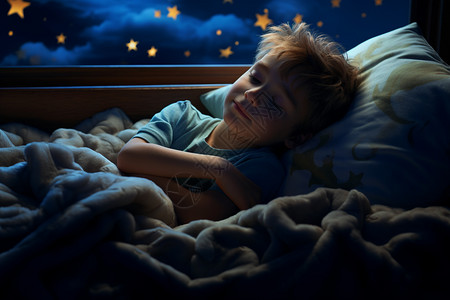 星星的孩子男孩在床上休息睡眠背景