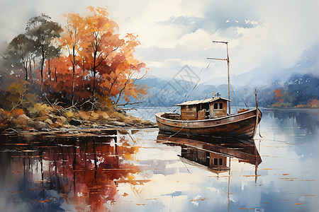 湖畔的渔船图片