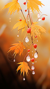 枫叶露珠秋季发光的树叶背景