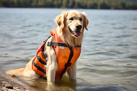 金毛犬在水中穿着救生衣图片