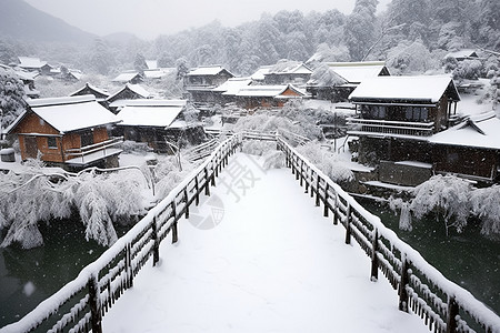 大雪小视频农村的桥和住宅房屋背景