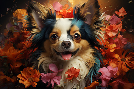 花朵中的油画小狗图片