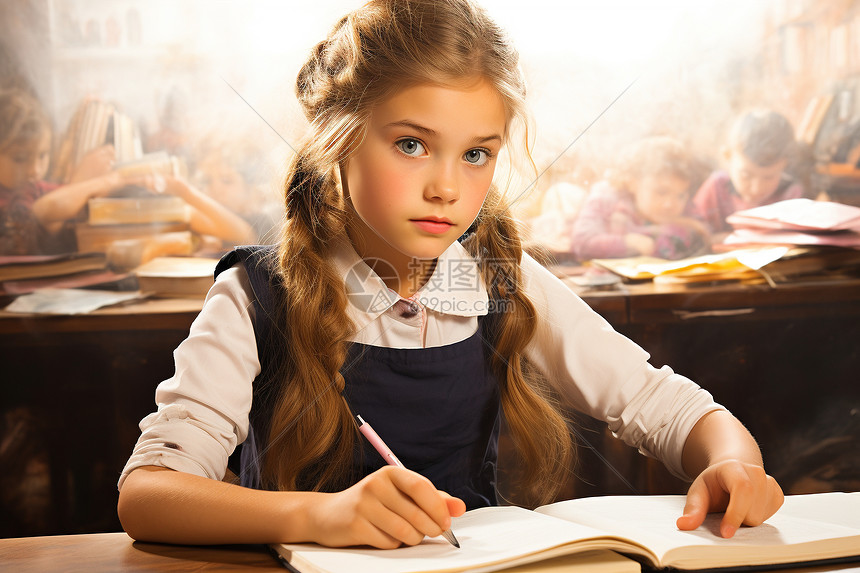 小女孩在教室里专注地写字图片