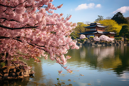 樱花池畔的建筑高清图片