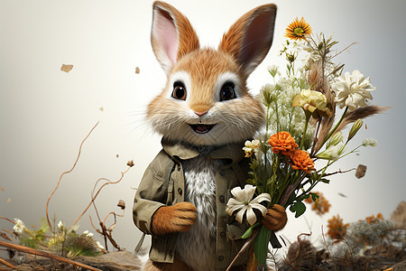 卡通兔子拿着鲜花图片
