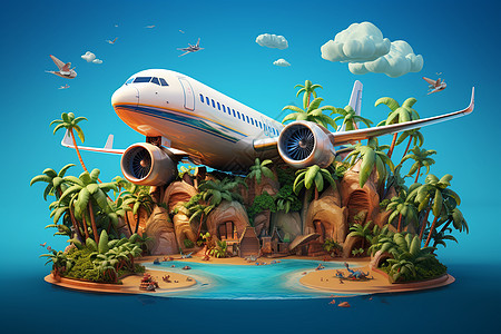 小岛行的棕榈树和飞机图片