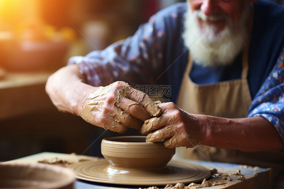 陶艺盆上用手和转盘揉捏图片