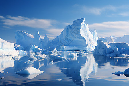 冰山群在远山旁漂浮图片