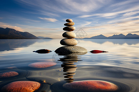 平静的湖泊上摆放的一堆石头背景图片