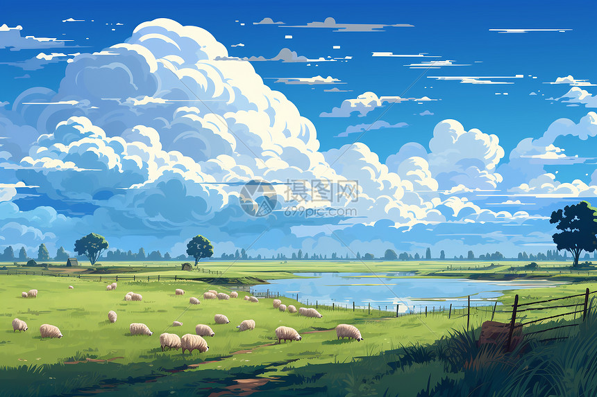 小羊在草地上吃草图片