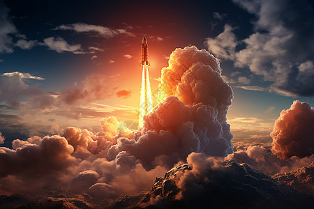 航天飞机火箭冲破云层，阳光现身。背景