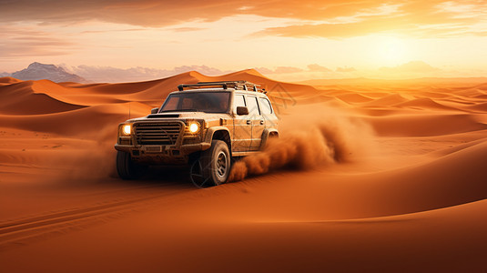夕阳下的吉普车行驶在沙漠里图片