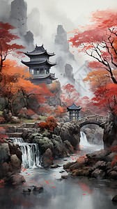 中式小桥流水建筑水墨画图片